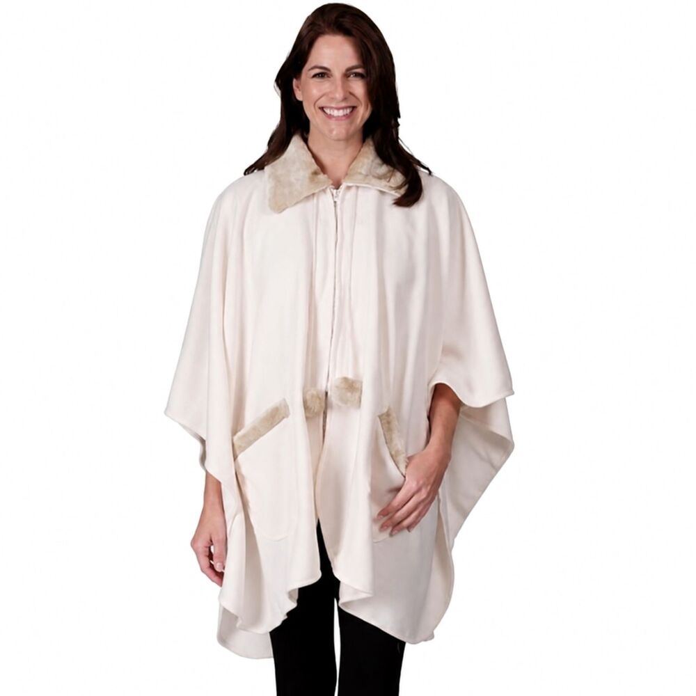 Le Moda  Cape Coat Faux Fur Trim Color Cream OSFM LIKE NEW